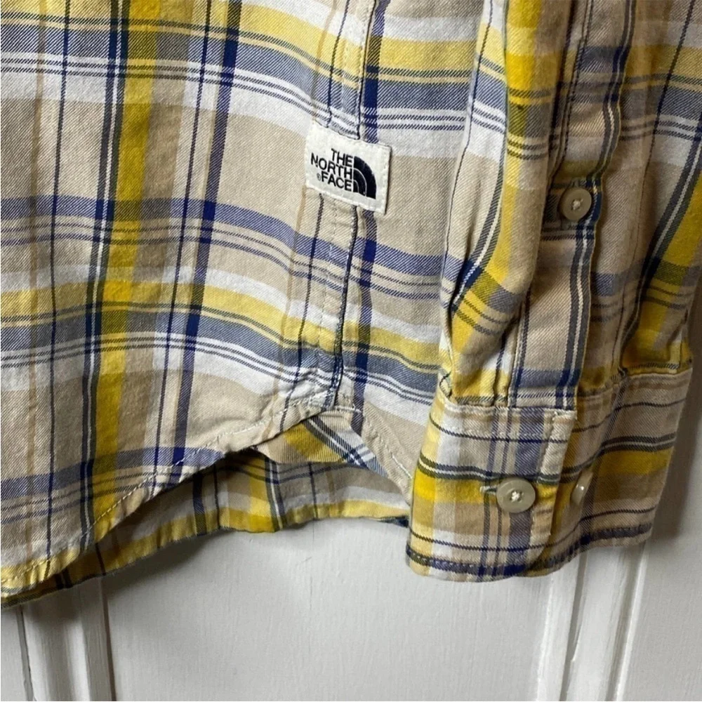 The North Face Yellow/Blue Plaid Long Sleeve Button Down Shirt Sz L